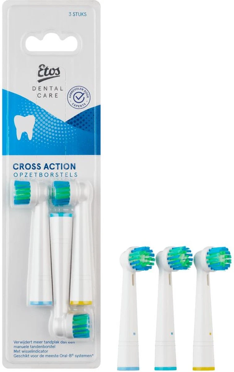 Etos Opzetborstel Cross Action - 3 Stuks - Met Wisselindicator - Geschikt Voor De Meeste Oral-B® Systemen* 3 Etos Opzetborstel Cross Action - 3 Stuks - Met Wisselindicator - Geschikt Voor De Meeste Oral-B® Systemen*